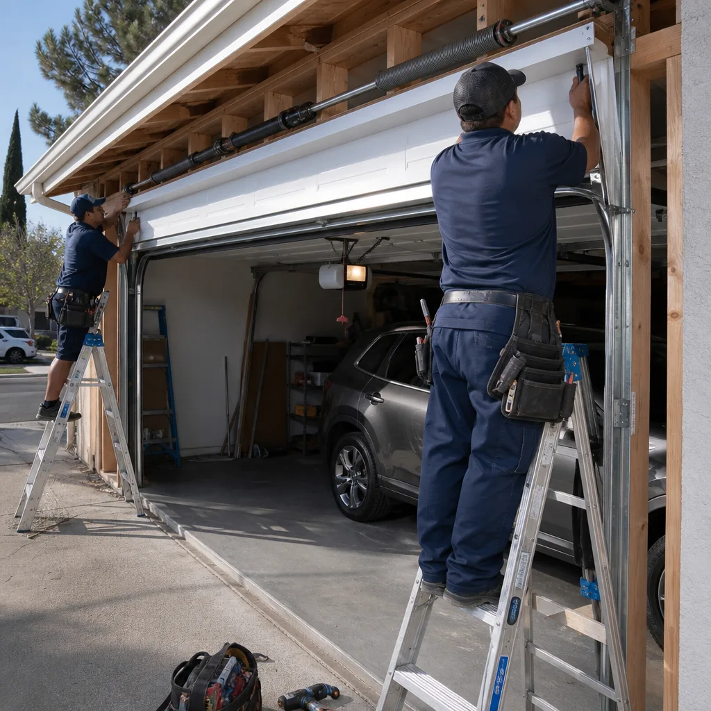 Two professional technicians performing a residential garage door installation on ladders