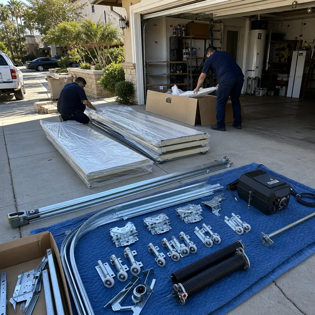 Professional technicians preparing parts for a garage door installation project
