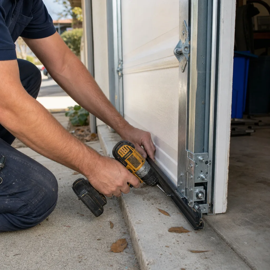 Technician installing new rubber weather seal on a residential garage door