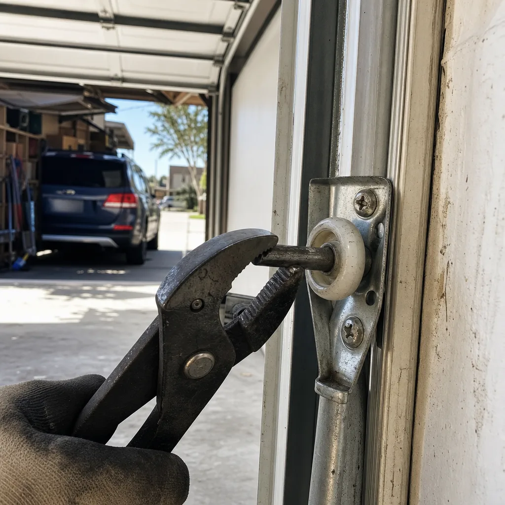 Technician using pliers to repair a garage door roller on track