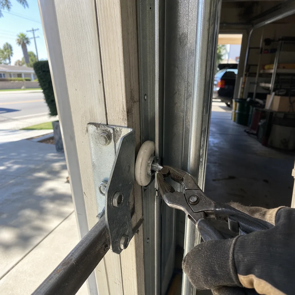 Professional repairing a garage door roller with pliers