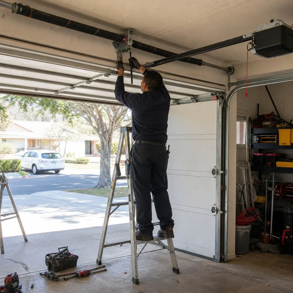 Technician performing professional garage door torsion spring repair