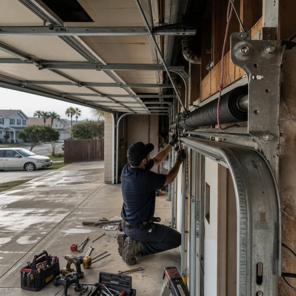 Technician performing emergency garage door spring repair and maintenance in Los Angeles, CA