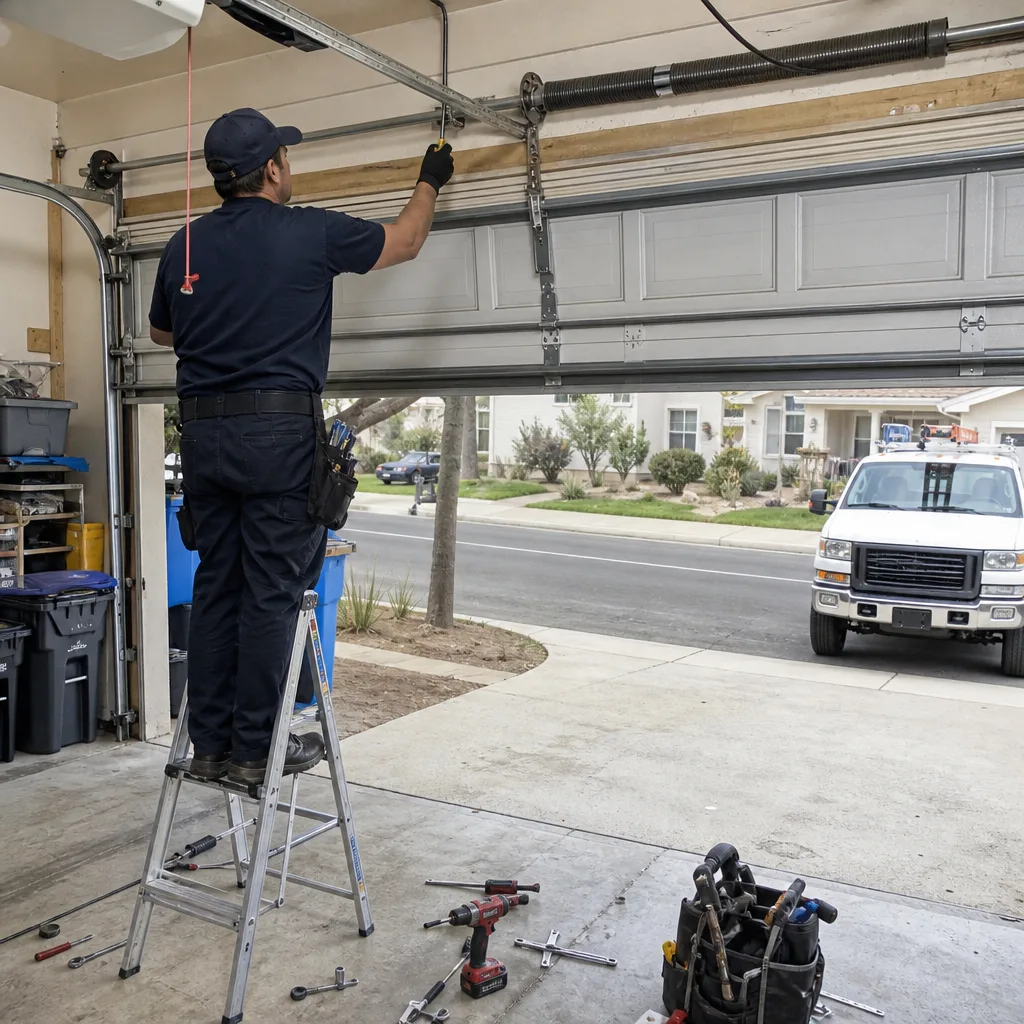 Technician performing emergency garage door repair services in Los Angeles, CA