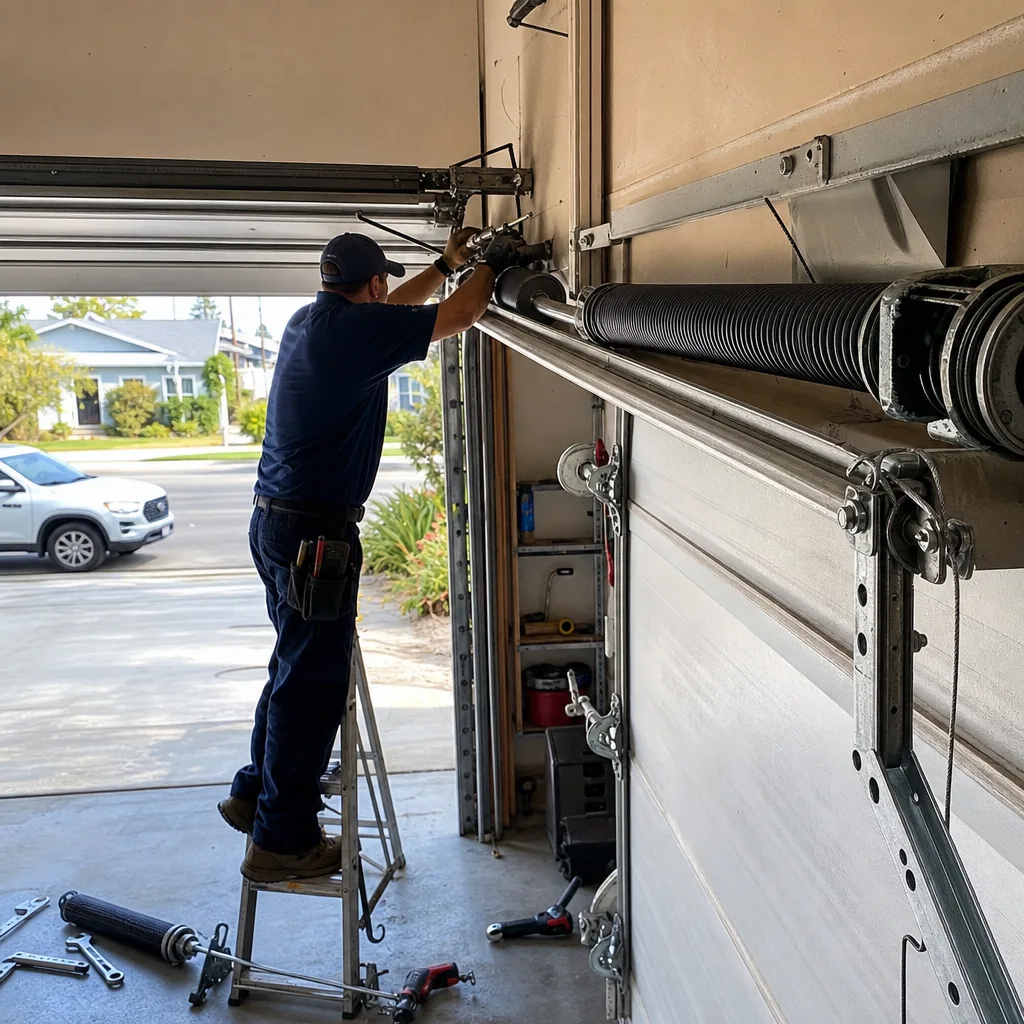 Technician performing professional garage door spring repair and maintenance in Los Angeles, CA