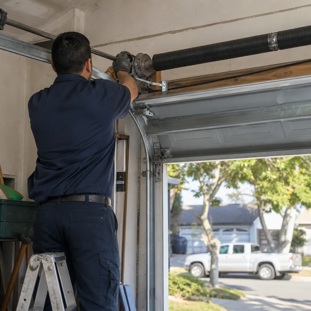 Technician performing professional garage door parts repair and maintenance on tracks in Los Angeles, CA